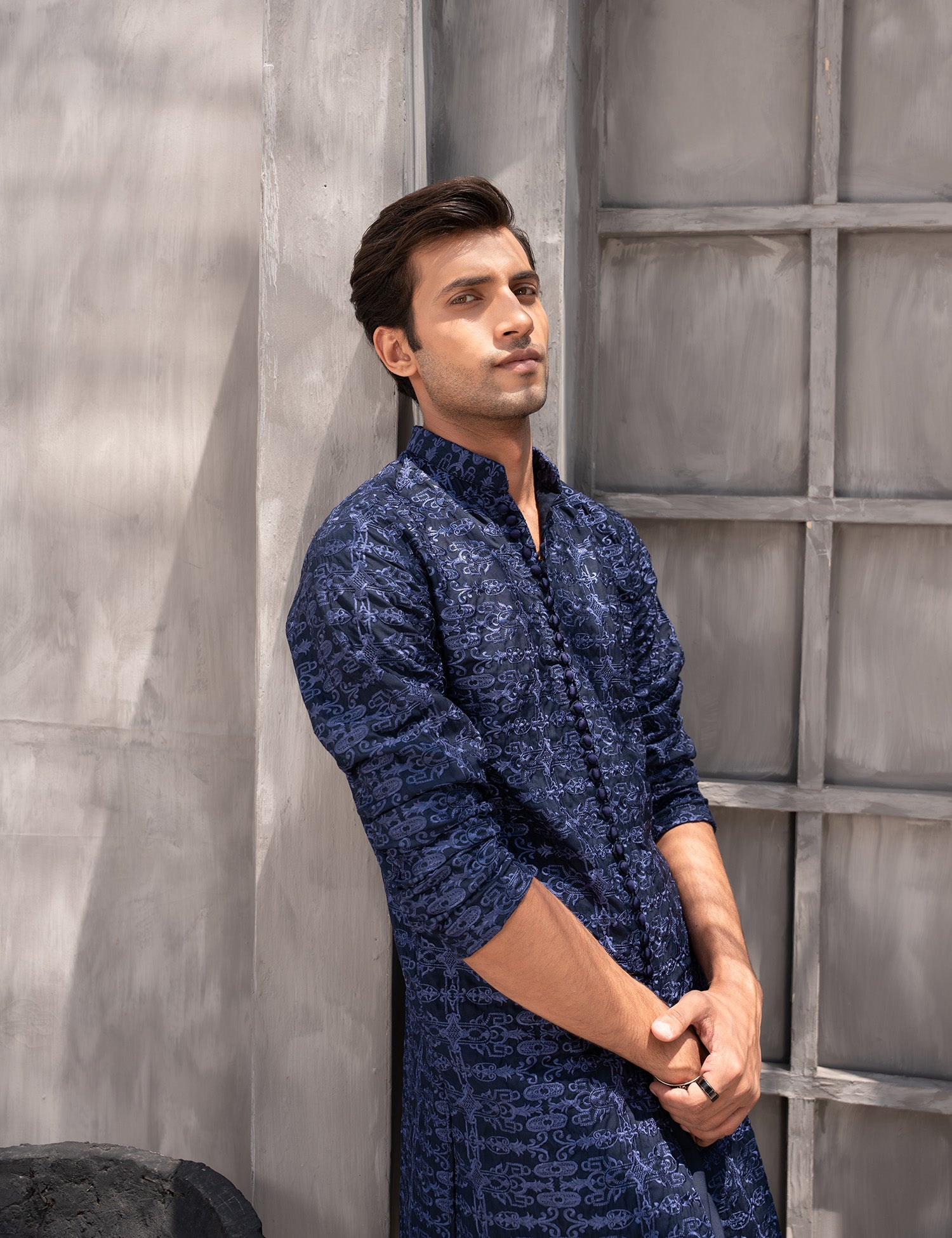 Deep Blue Embroidered Wash & Wear Kurta Pajama (2-Piece) - Image 5