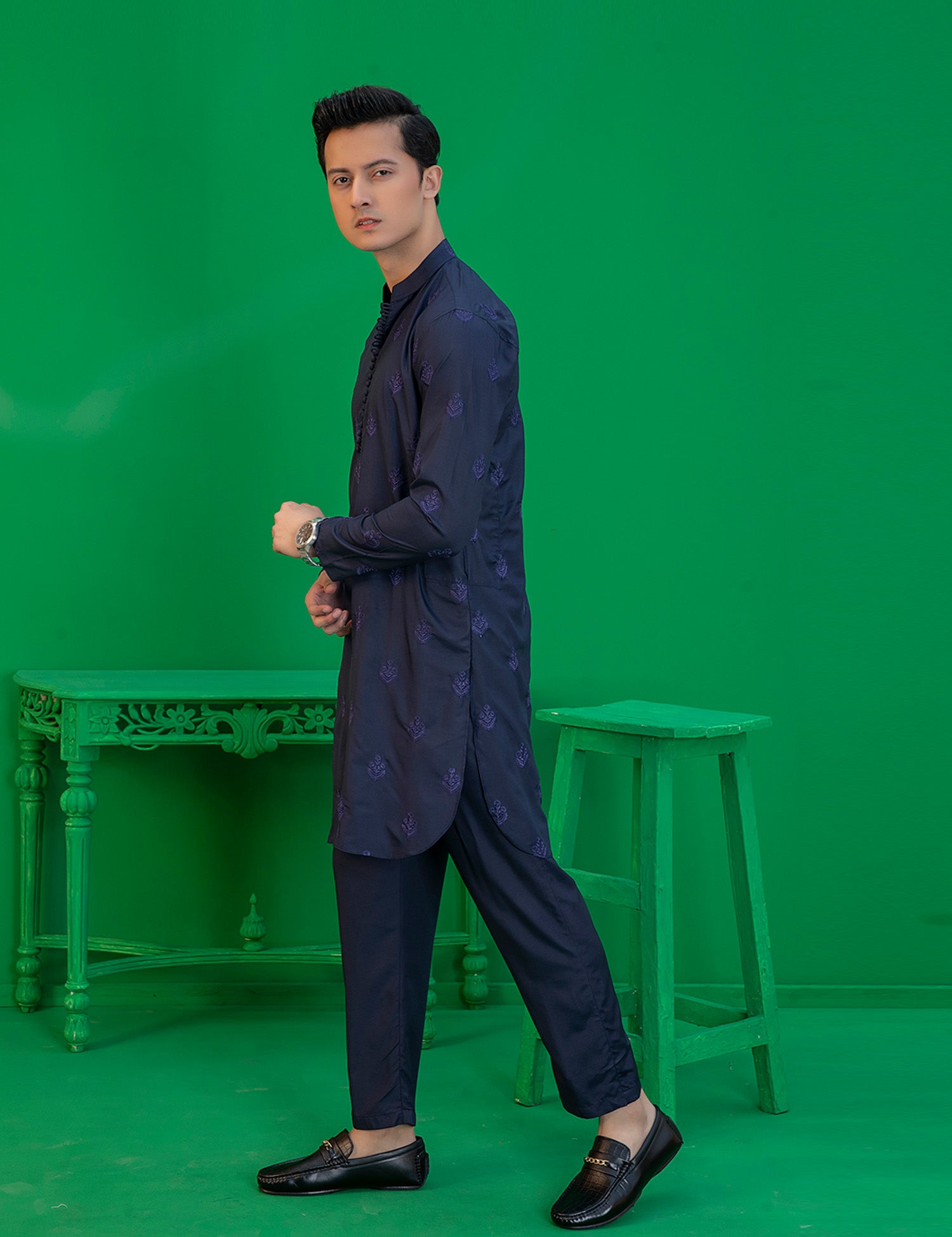 Deep Blue Embroidered Wash N Wear Kurta (2-Piece) - Image 3