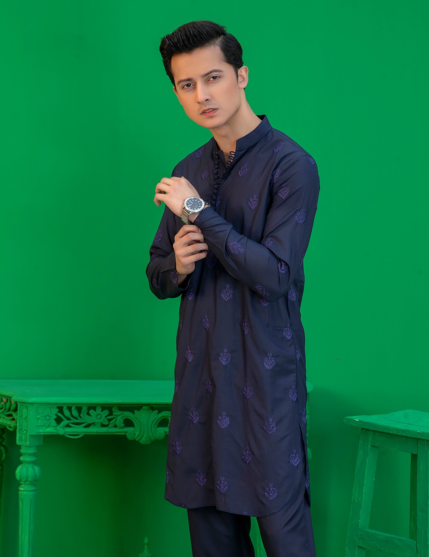 Deep Blue Embroidered Wash N Wear Kurta (2-Piece) - Image 6