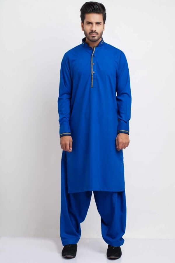 Royal Blue Contrast Piping Blended Cotton Shalwar Kameez (2-Piece) - Image 1