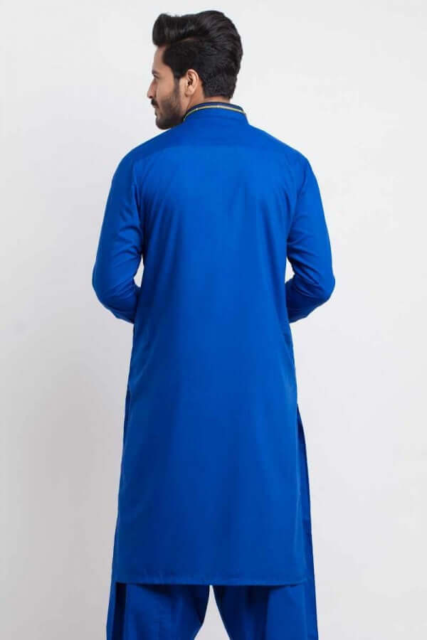 Royal Blue Contrast Piping Blended Cotton Shalwar Kameez (2-Piece) - Image 2