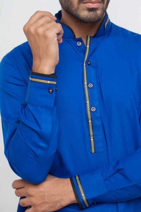 Royal Blue Contrast Piping Blended Cotton Shalwar Kameez (2-Piece) - Image 3