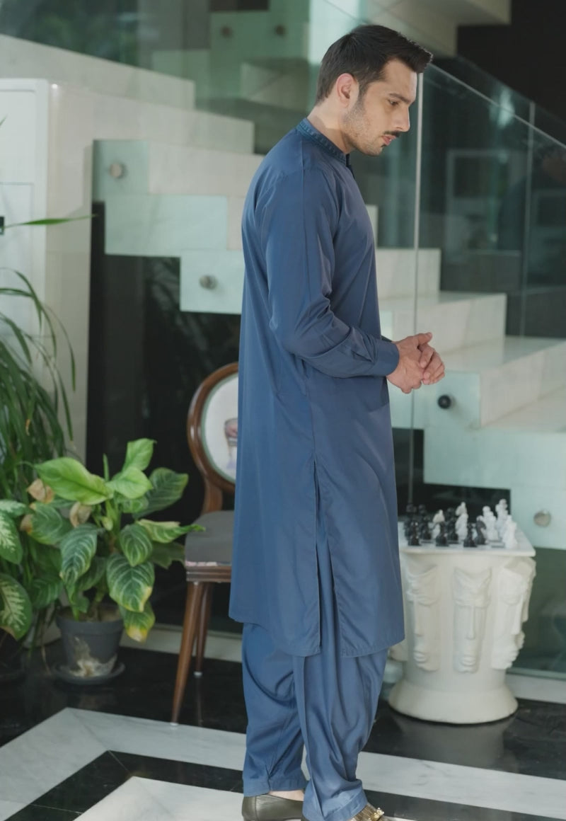 Light Blue Embroidered Blended Fabric Kurta Shalwar (2-Piece) - Image 2