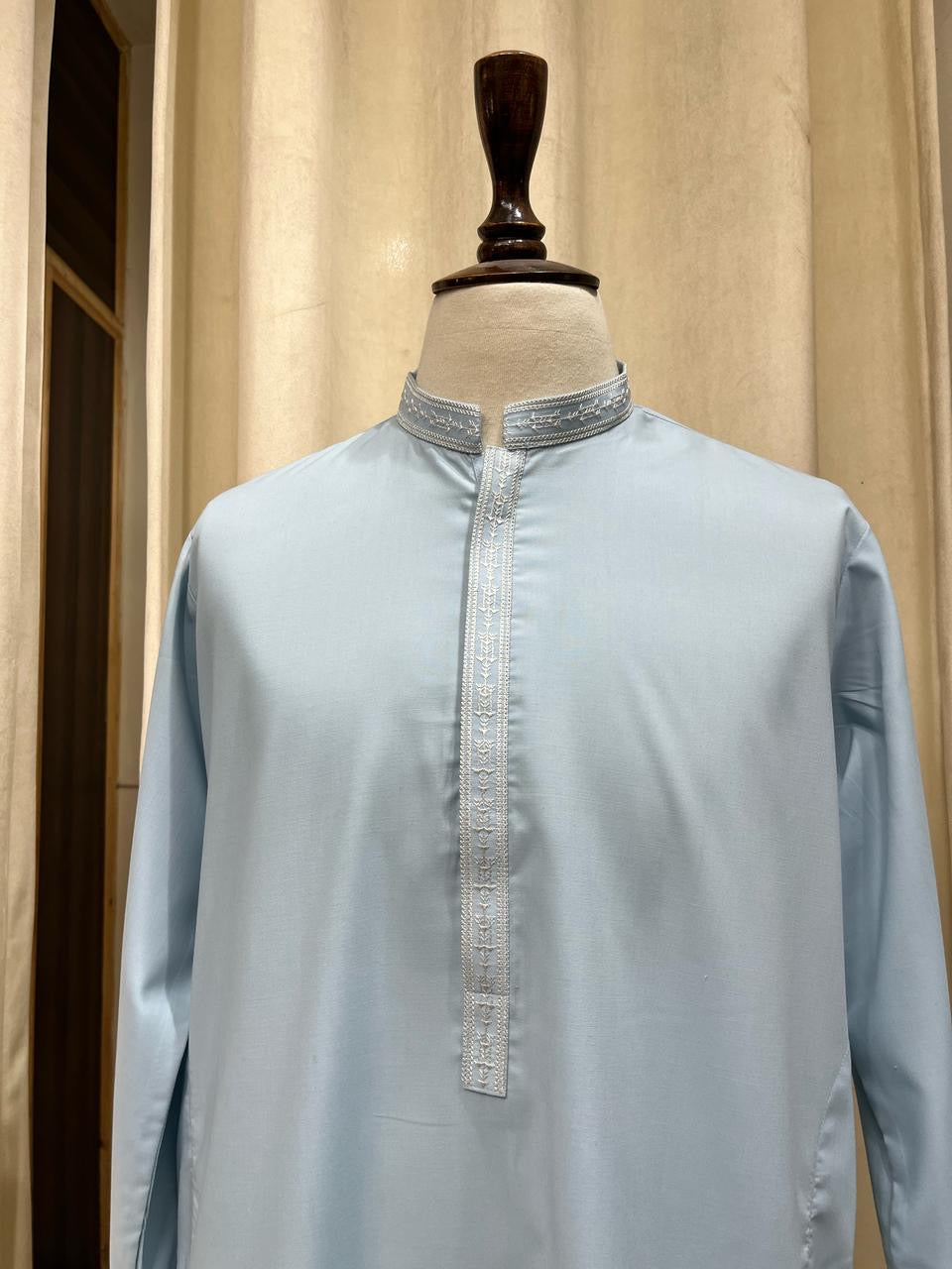 Sky Blue Embroidered Blended Kurta Shalwar (2-Piece) - Image 1