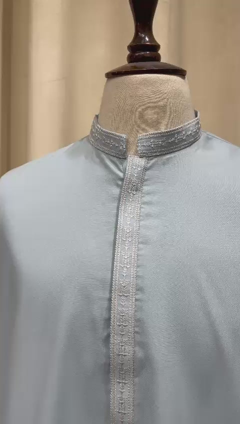 Sky Blue Embroidered Blended Kurta Shalwar (2-Piece) - Image 2