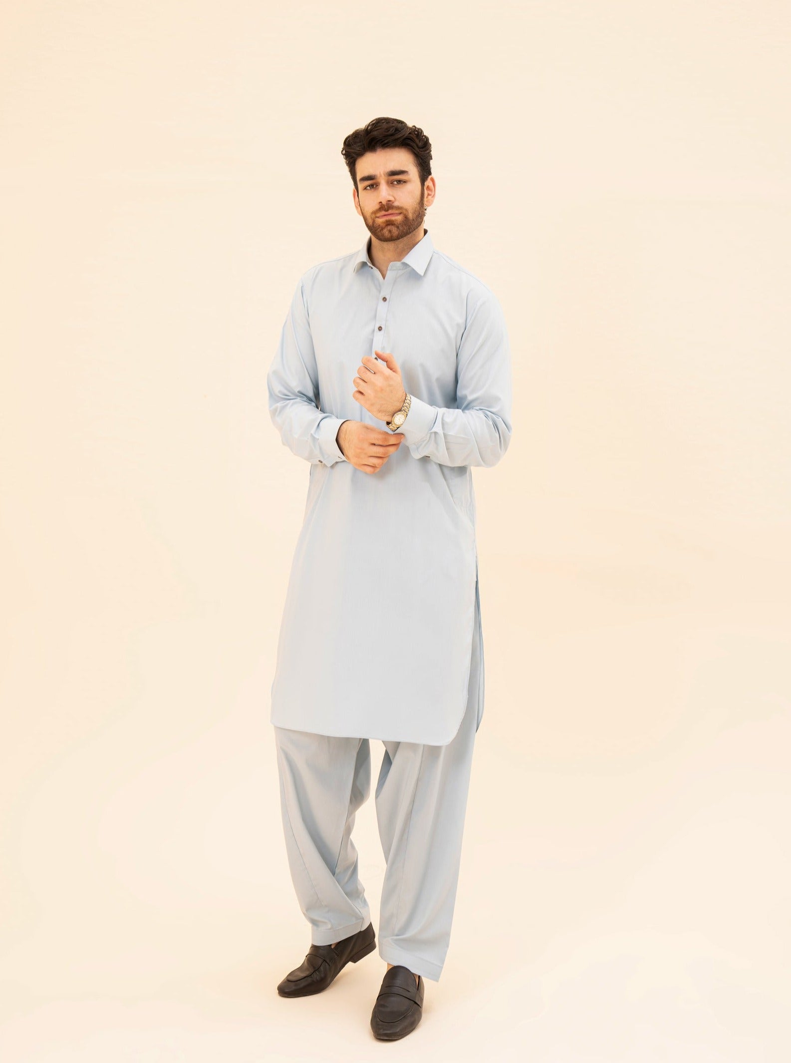 Sky Blue Blended Fabric Shalwar Kameez (2-Piece) - Image 2