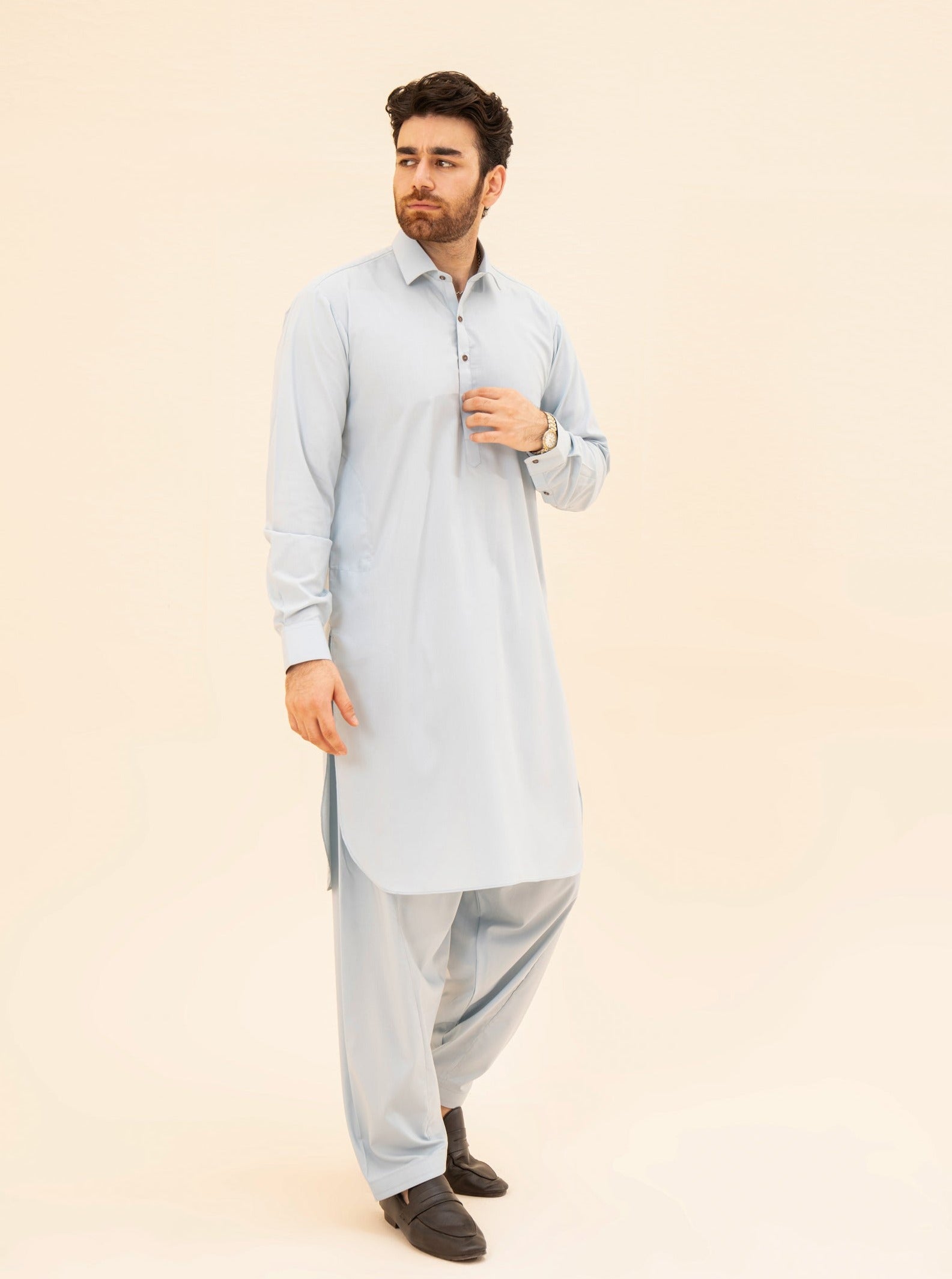 Sky Blue Blended Fabric Shalwar Kameez (2-Piece) - Image 5