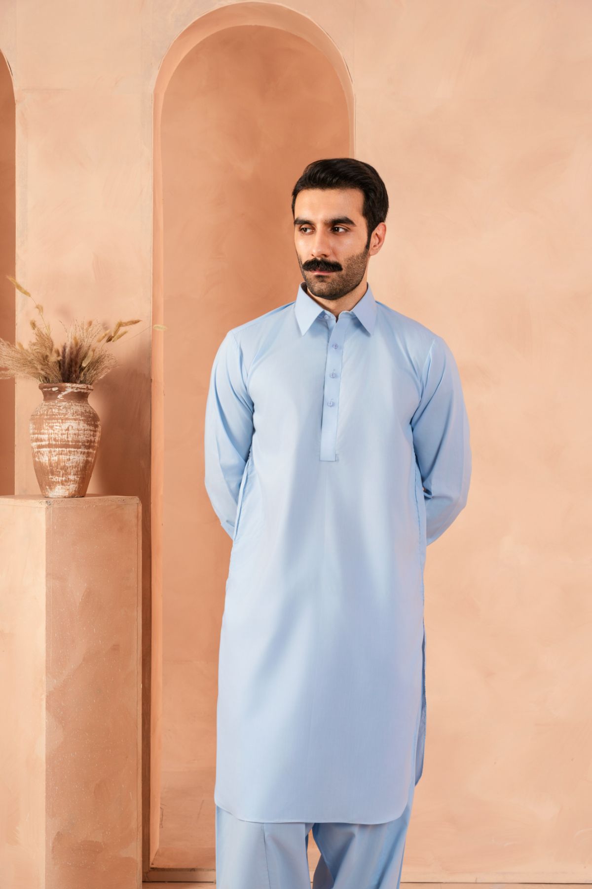 Azure Blue Luxury Blended Shalwar Kameez (2-Piece) - Image 1