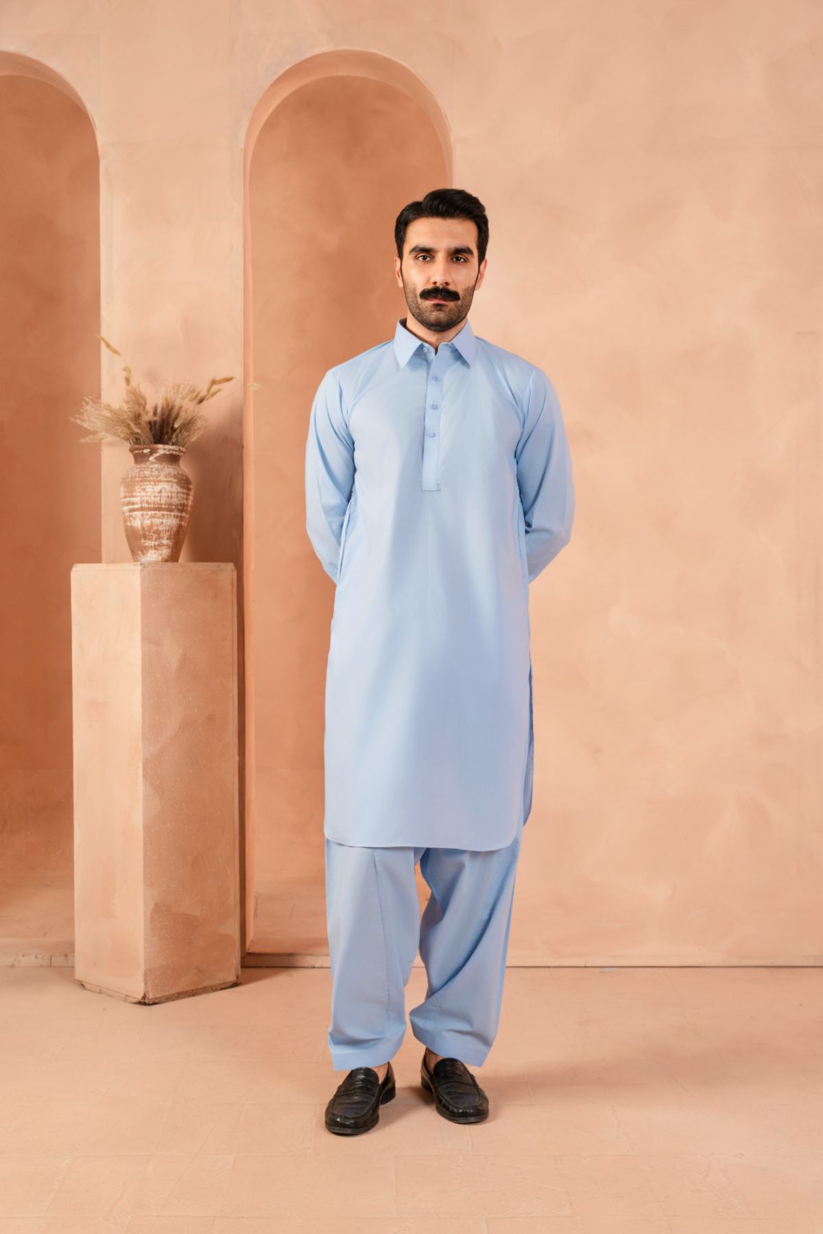 Azure Blue Luxury Blended Shalwar Kameez (2-Piece) - Image 2