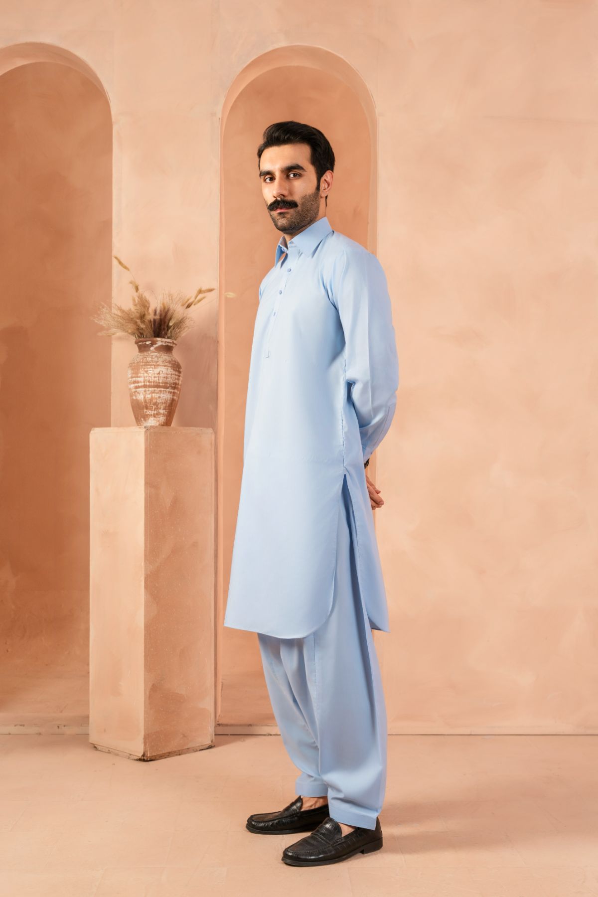 Azure Blue Luxury Blended Shalwar Kameez (2-Piece) - Image 3