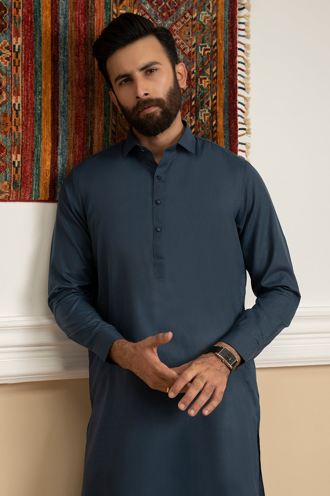 Dark Blue Blended Fabric Shalwar Kameez (2-Piece) - Image 1