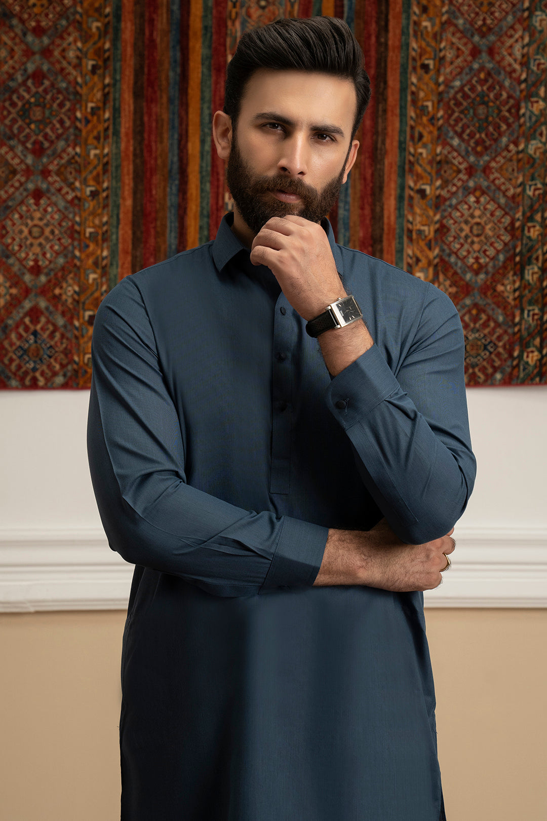 Dark Blue Blended Fabric Shalwar Kameez (2-Piece) - Image 2
