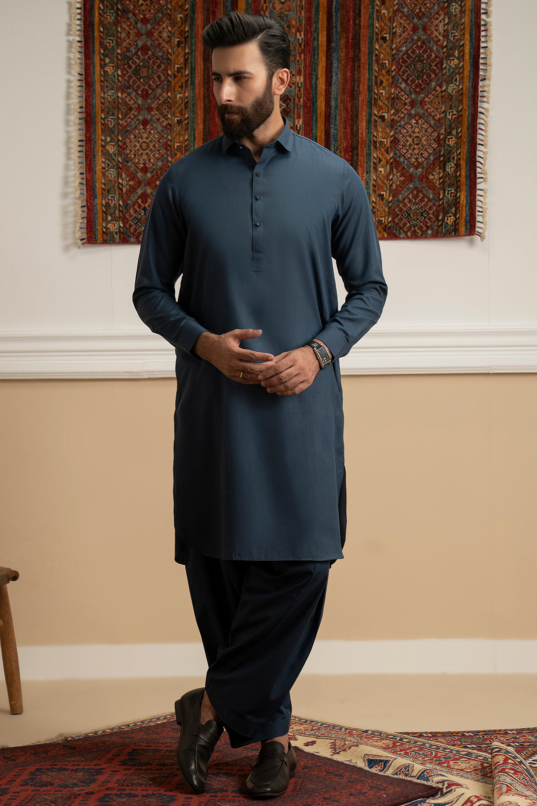 Dark Blue Blended Fabric Shalwar Kameez (2-Piece) - Image 3