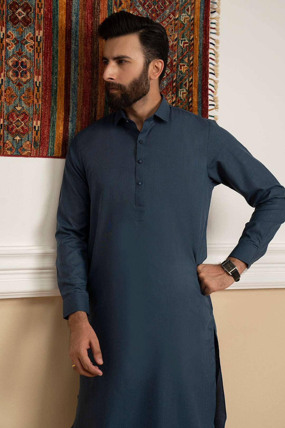 Dark Blue Blended Fabric Shalwar Kameez (2-Piece) - Image 4