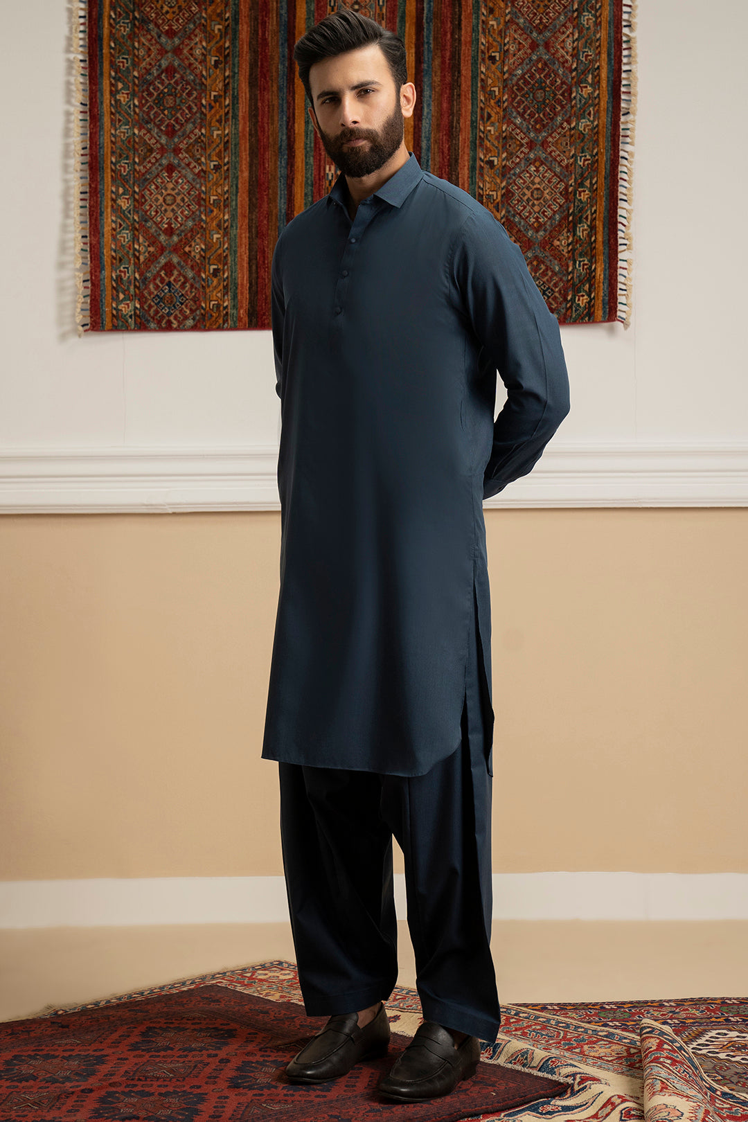 Dark Blue Blended Fabric Shalwar Kameez (2-Piece) - Image 5