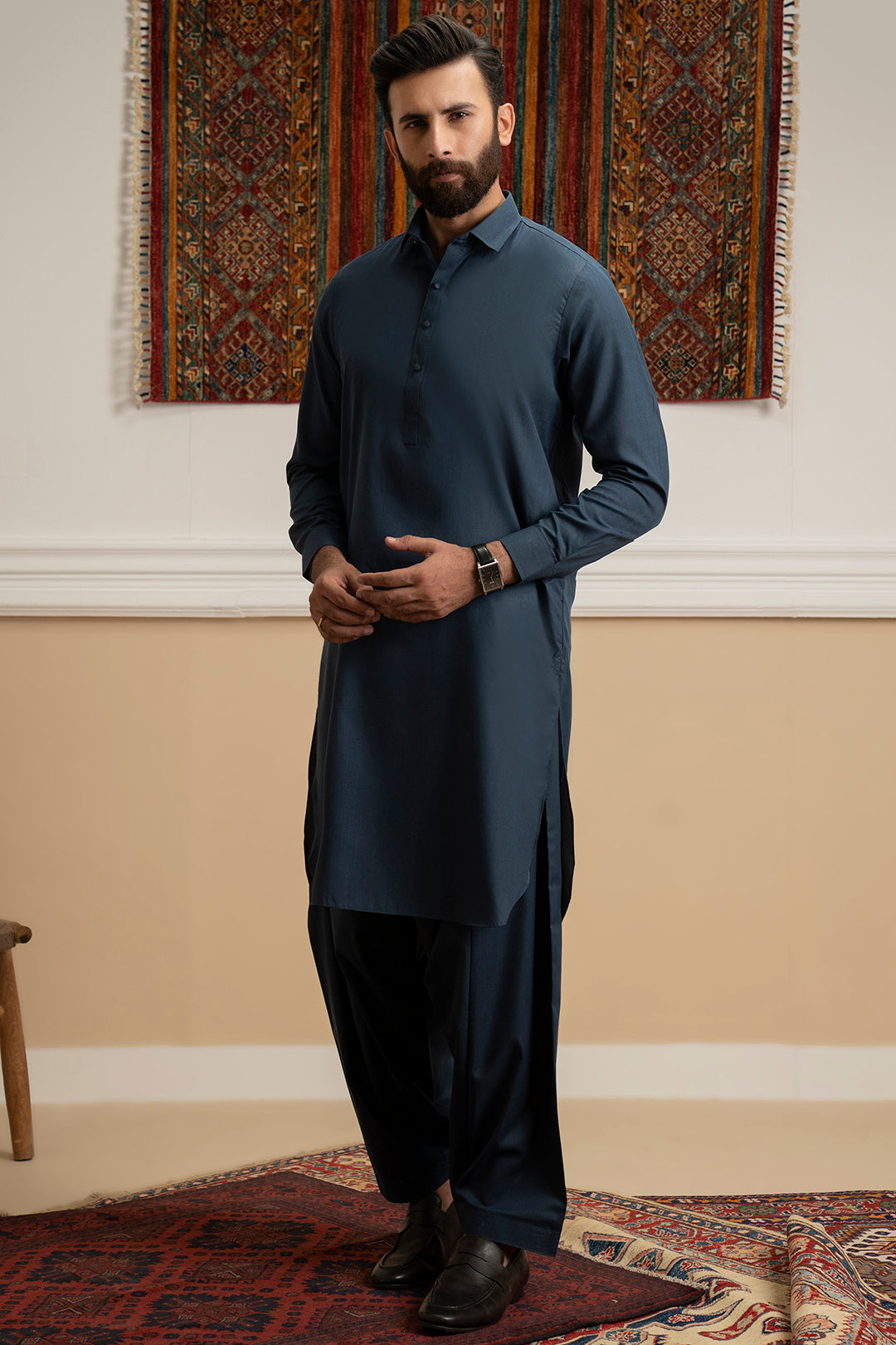 Dark Blue Blended Fabric Shalwar Kameez (2-Piece) - Image 9