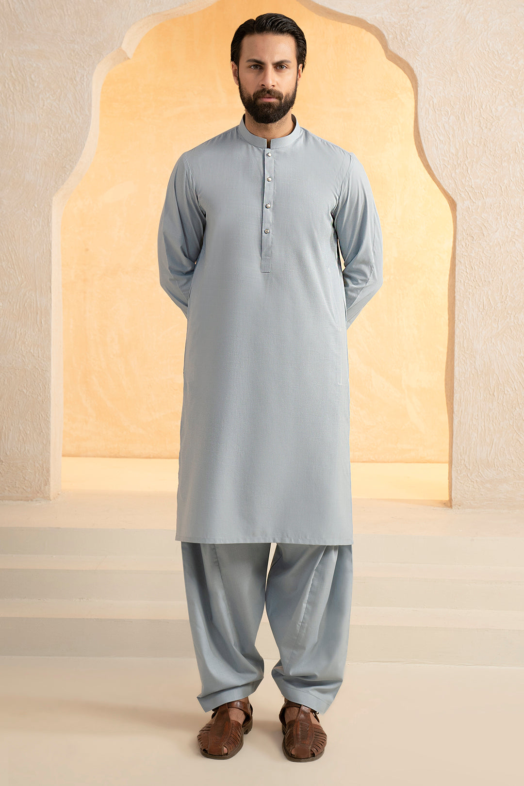 Light Blue Slub Textured Blended Shalwar Kameez (2-Piece) - Image 2