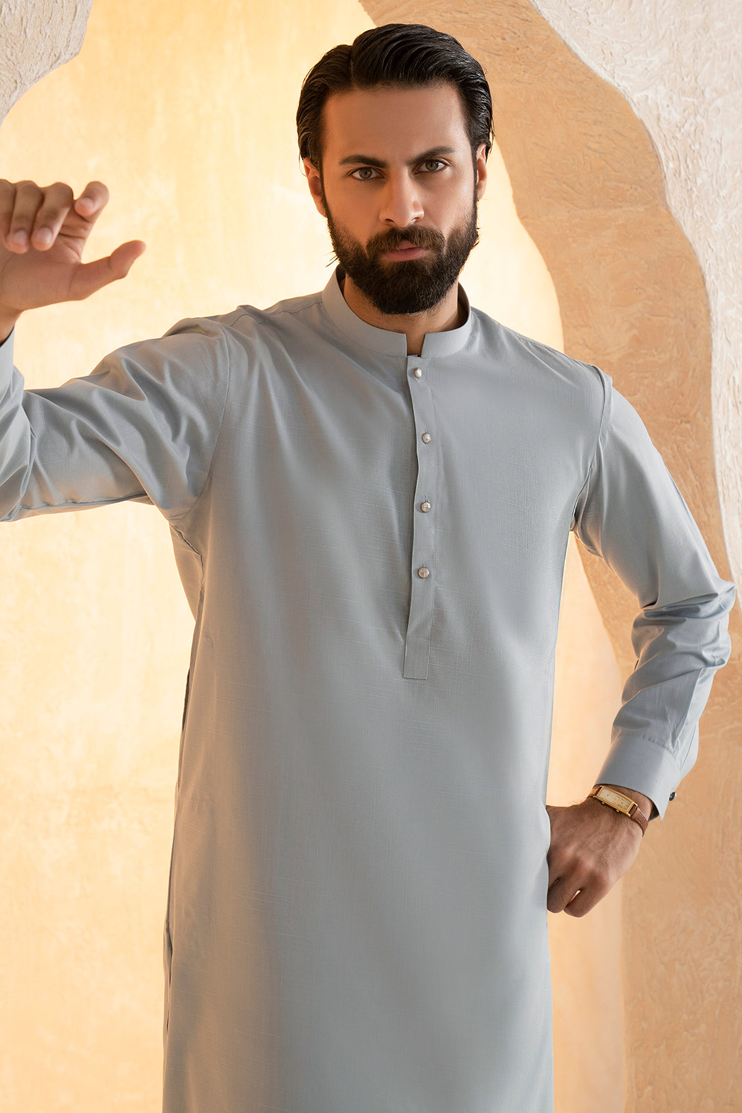 Light Blue Slub Textured Blended Shalwar Kameez (2-Piece) - Image 3