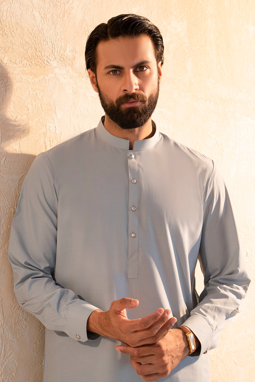 Light Blue Slub Textured Blended Shalwar Kameez (2-Piece) - Image 5