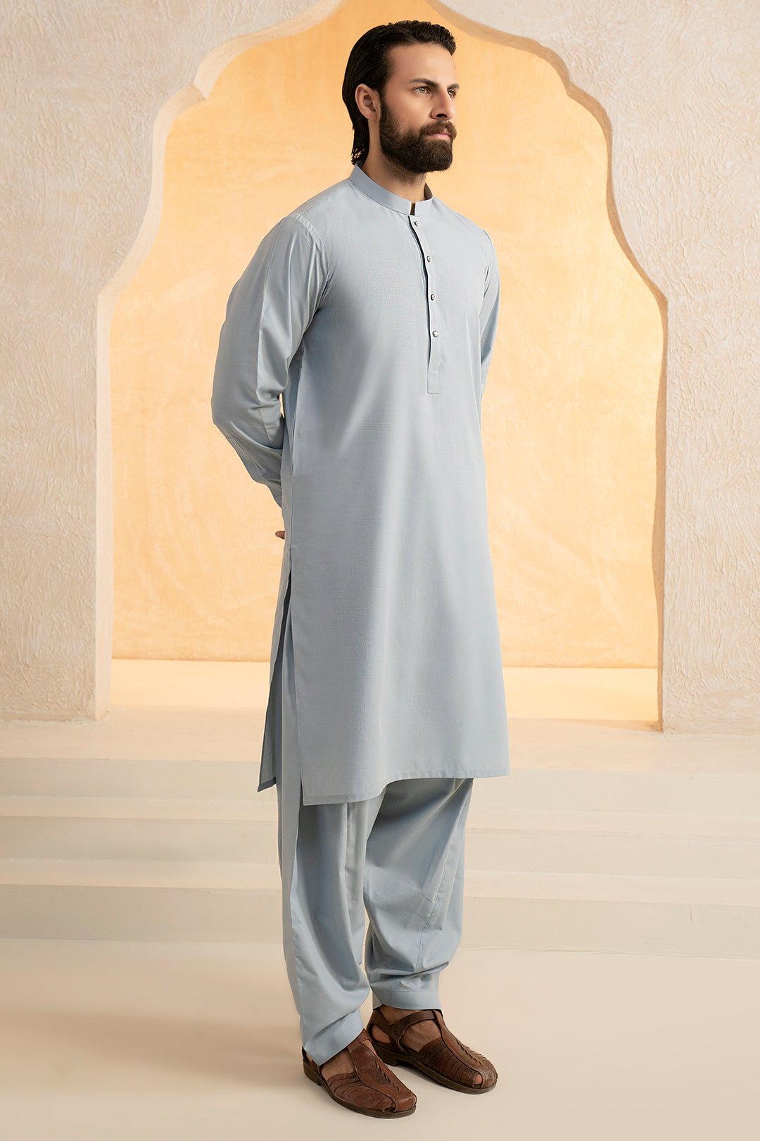 Light Blue Slub Textured Blended Shalwar Kameez (2-Piece) - Image 6