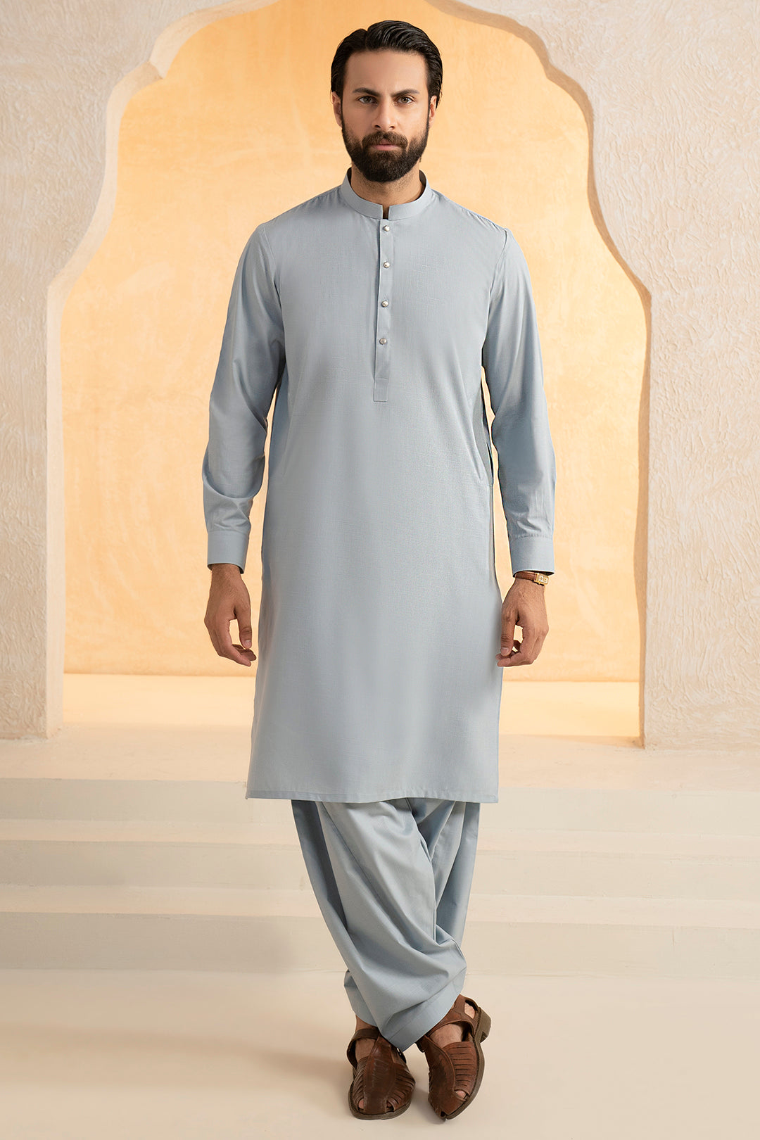 Light Blue Slub Textured Blended Shalwar Kameez (2-Piece) - Image 7