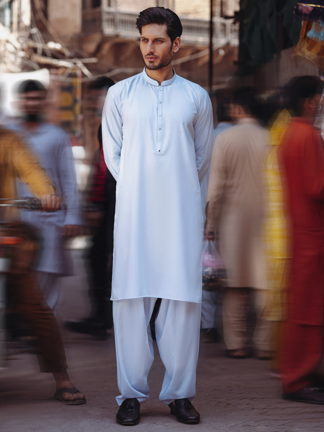 Light Blue Blended Fabric Kameez Shalwar (2-Piece) - Image 1