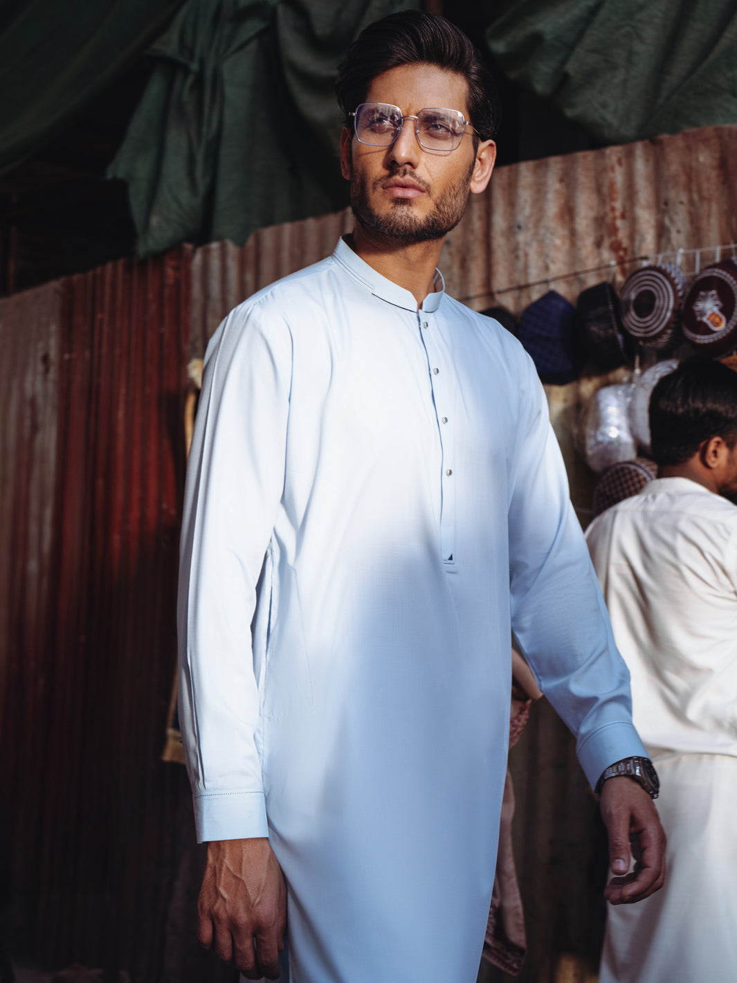 Light Blue Blended Fabric Kameez Shalwar (2-Piece) - Image 3