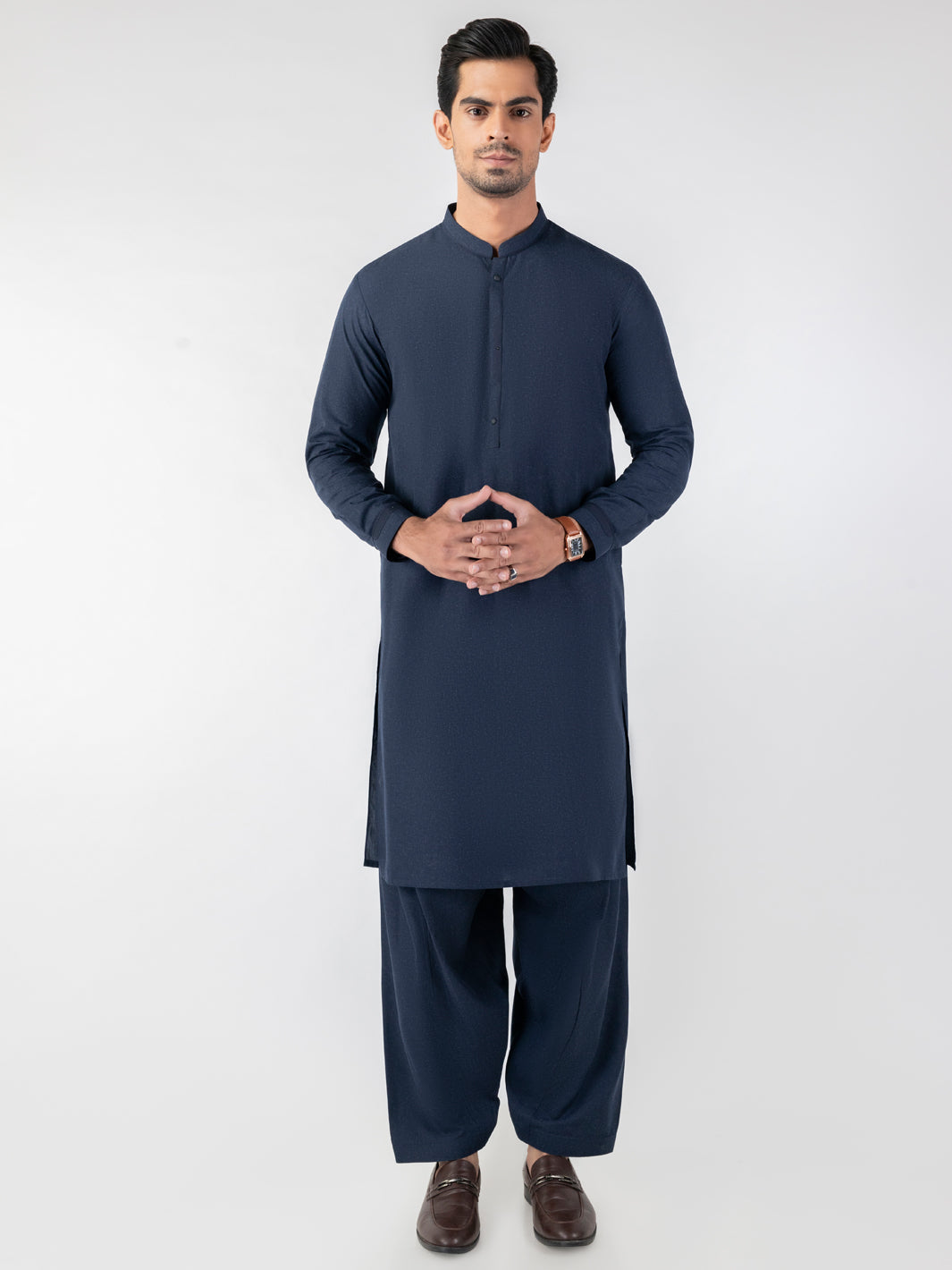 Navy Blue Patch Detail Blended Shalwar Kameez (2-Piece) - Image 1