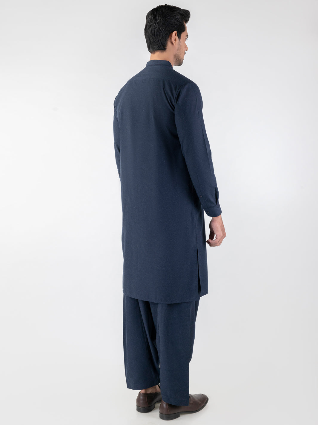 Navy Blue Patch Detail Blended Shalwar Kameez (2-Piece) - Image 2