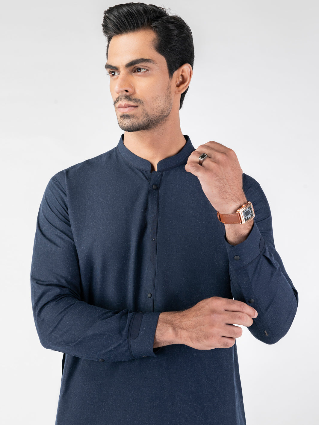Navy Blue Patch Detail Blended Shalwar Kameez (2-Piece) - Image 3
