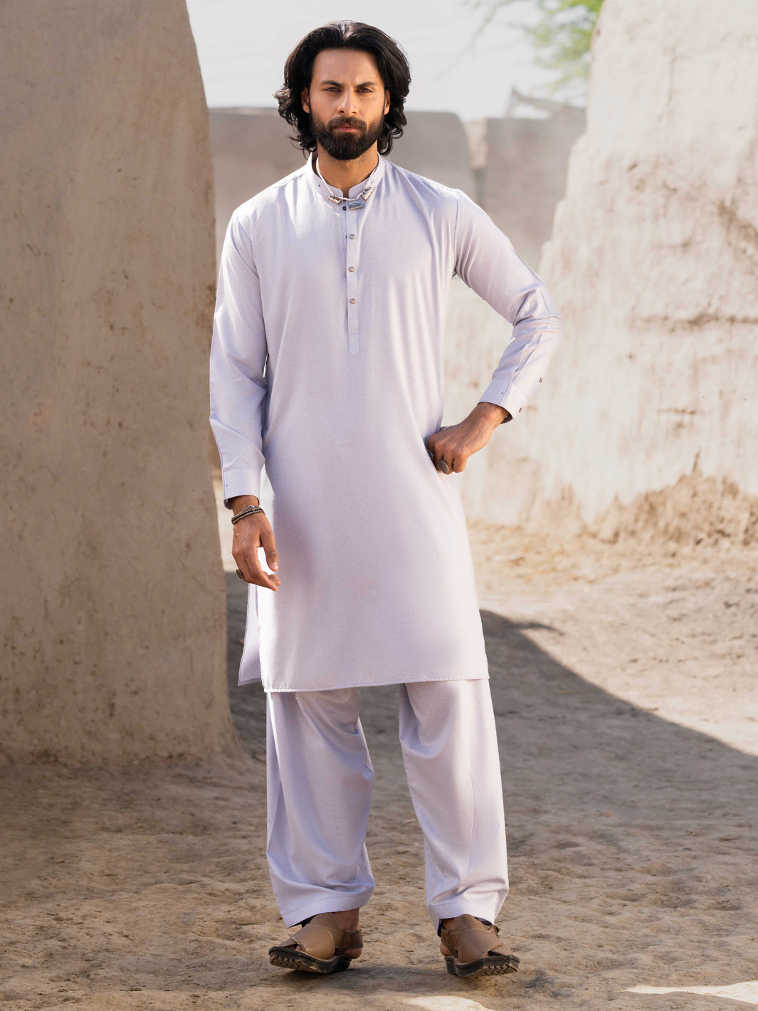 Sky Blue Minimal Stitch Blended Shalwar Kameez (2-Piece) - Image 1