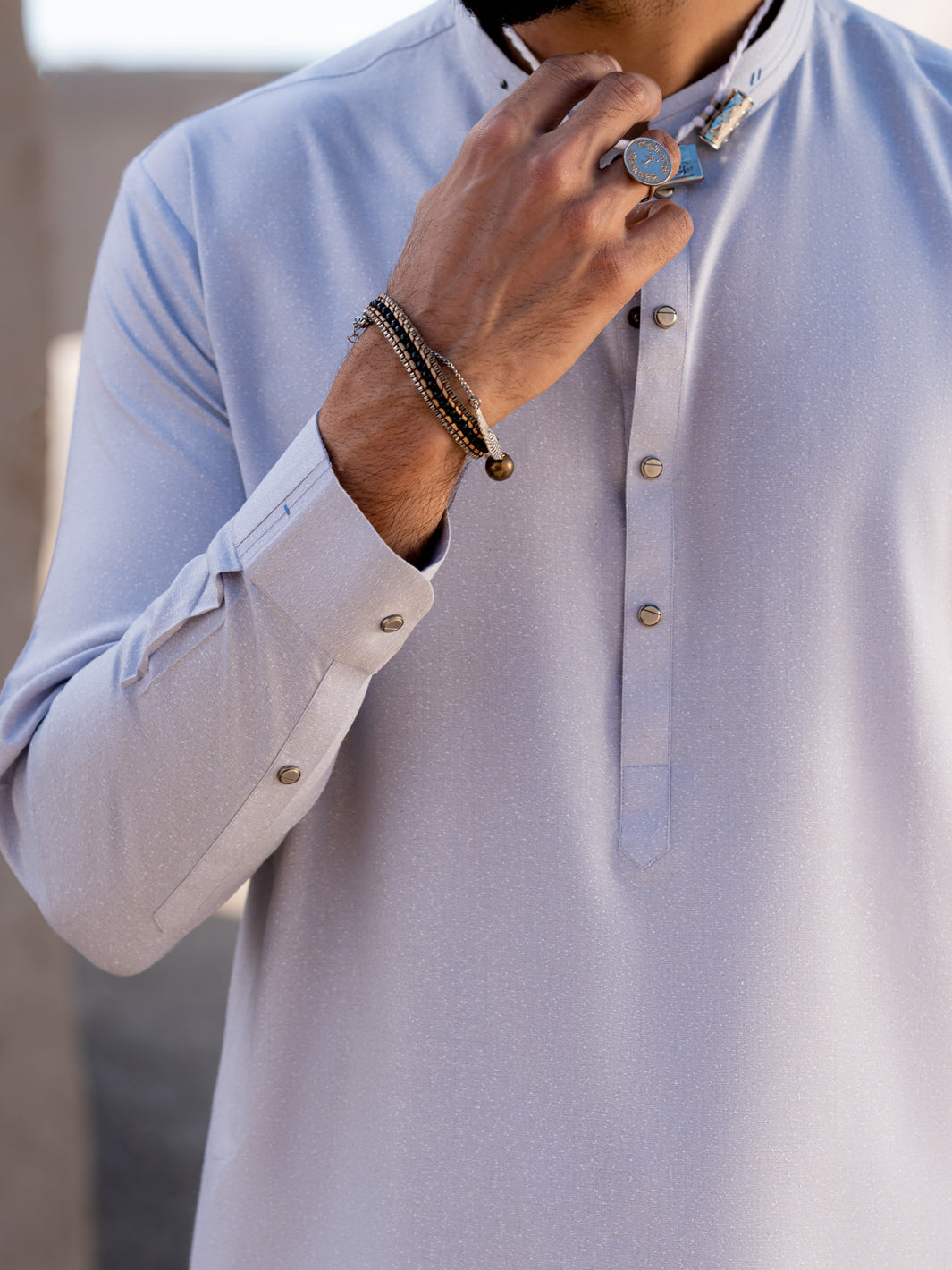 Sky Blue Minimal Stitch Blended Shalwar Kameez (2-Piece) - Image 3