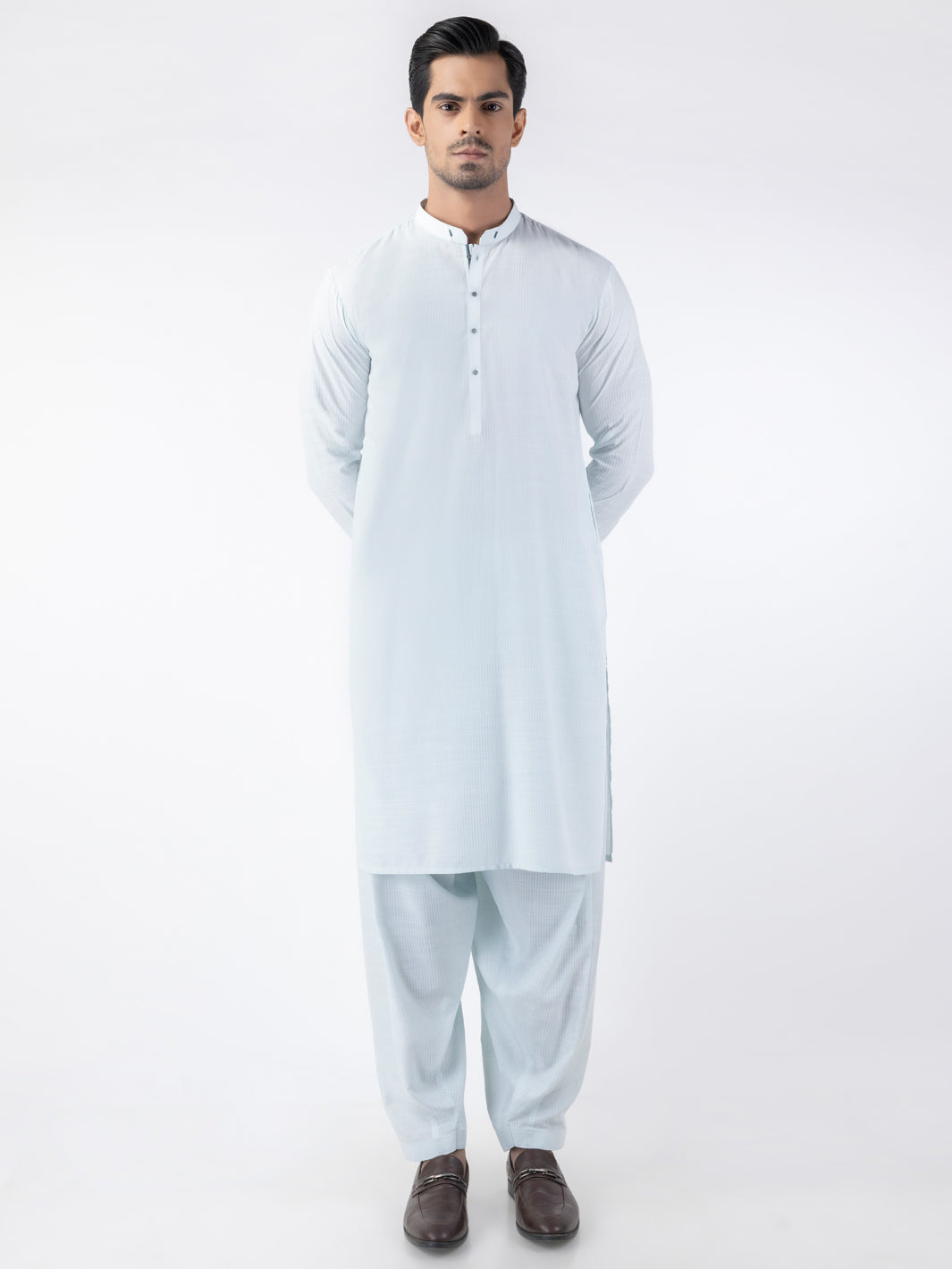 Light Blue Cut-and-Sew Blended Shalwar Kameez (2-Piece) - Image 1