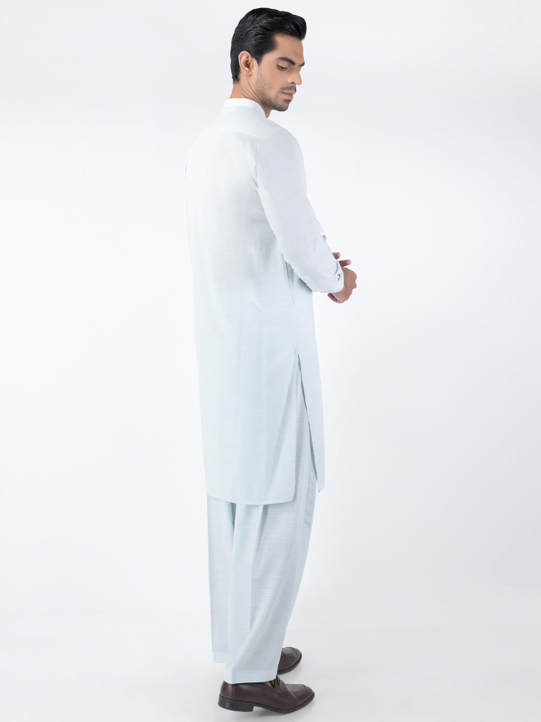 Light Blue Cut-and-Sew Blended Shalwar Kameez (2-Piece) - Image 2