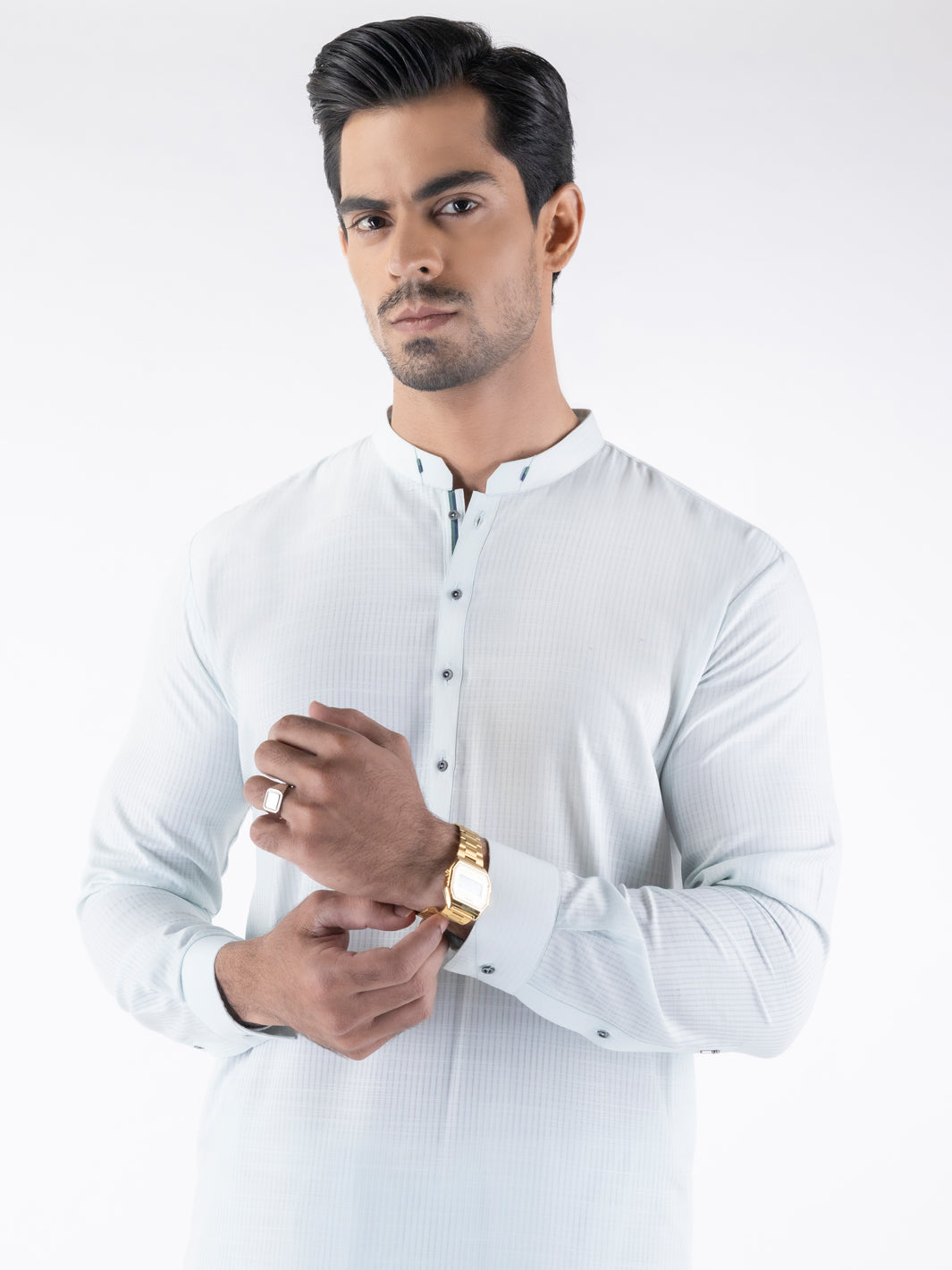 Light Blue Cut-and-Sew Blended Shalwar Kameez (2-Piece) - Image 3