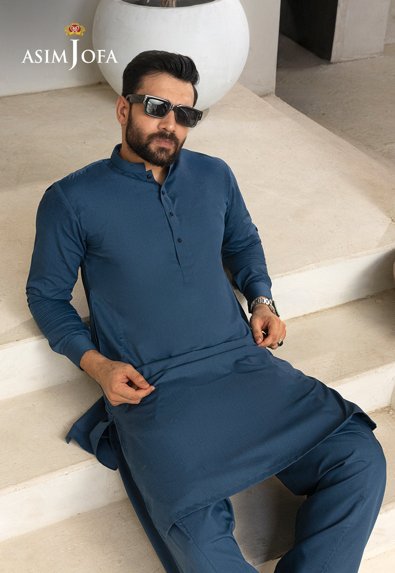 Deep Blue Blended Fabric Kurta Shalwar (2-Piece) - Image 3