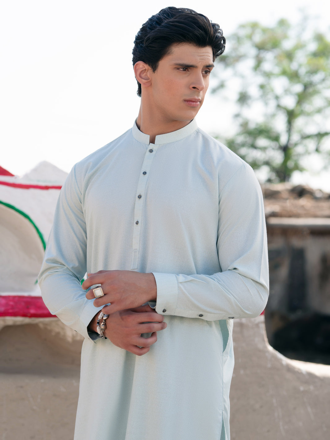 Sky Blue Blended Shalwar Kameez (2-Piece) - Image 2