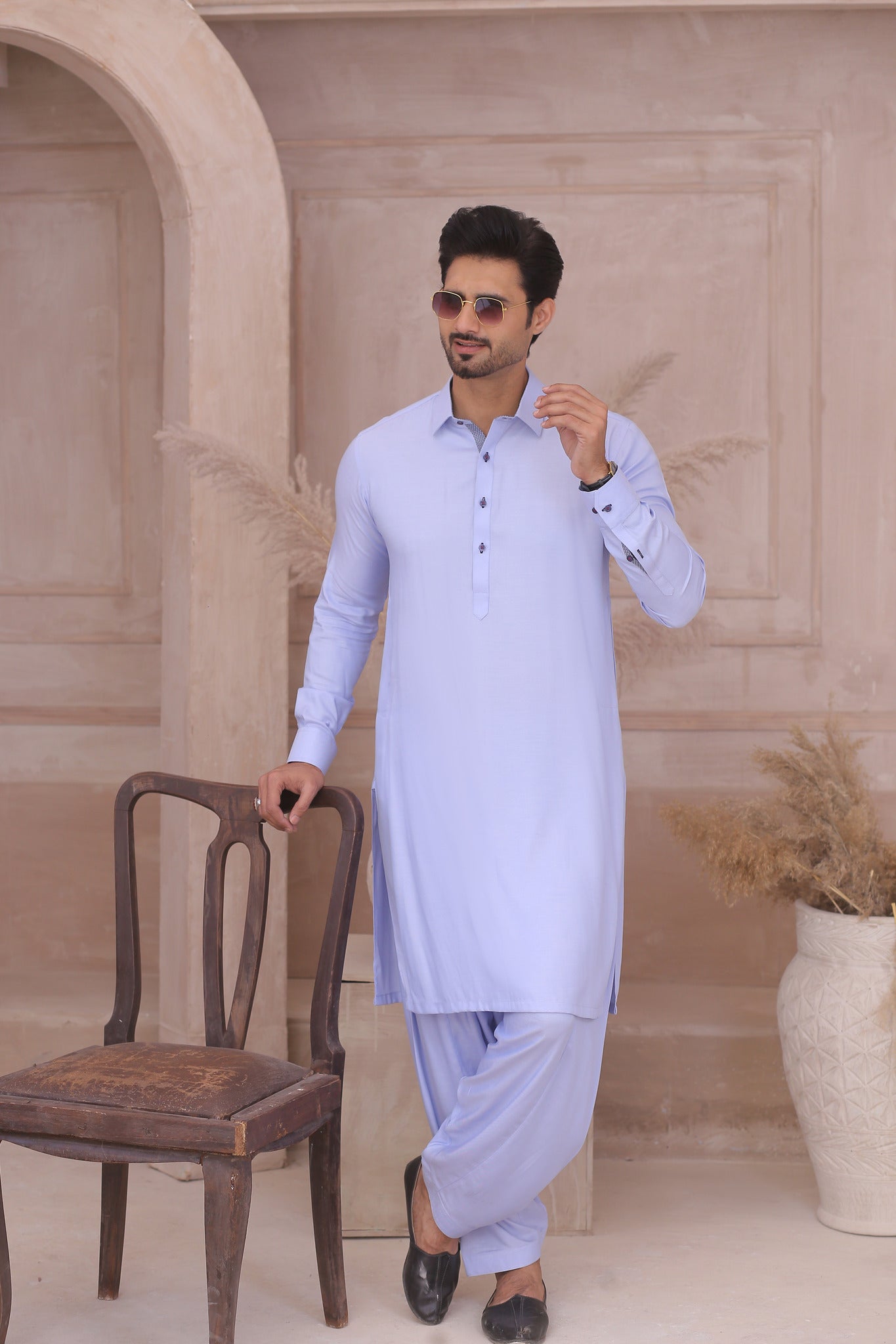 Sky Blue Plain Shalwar Kameez (2-Piece) - Image 3