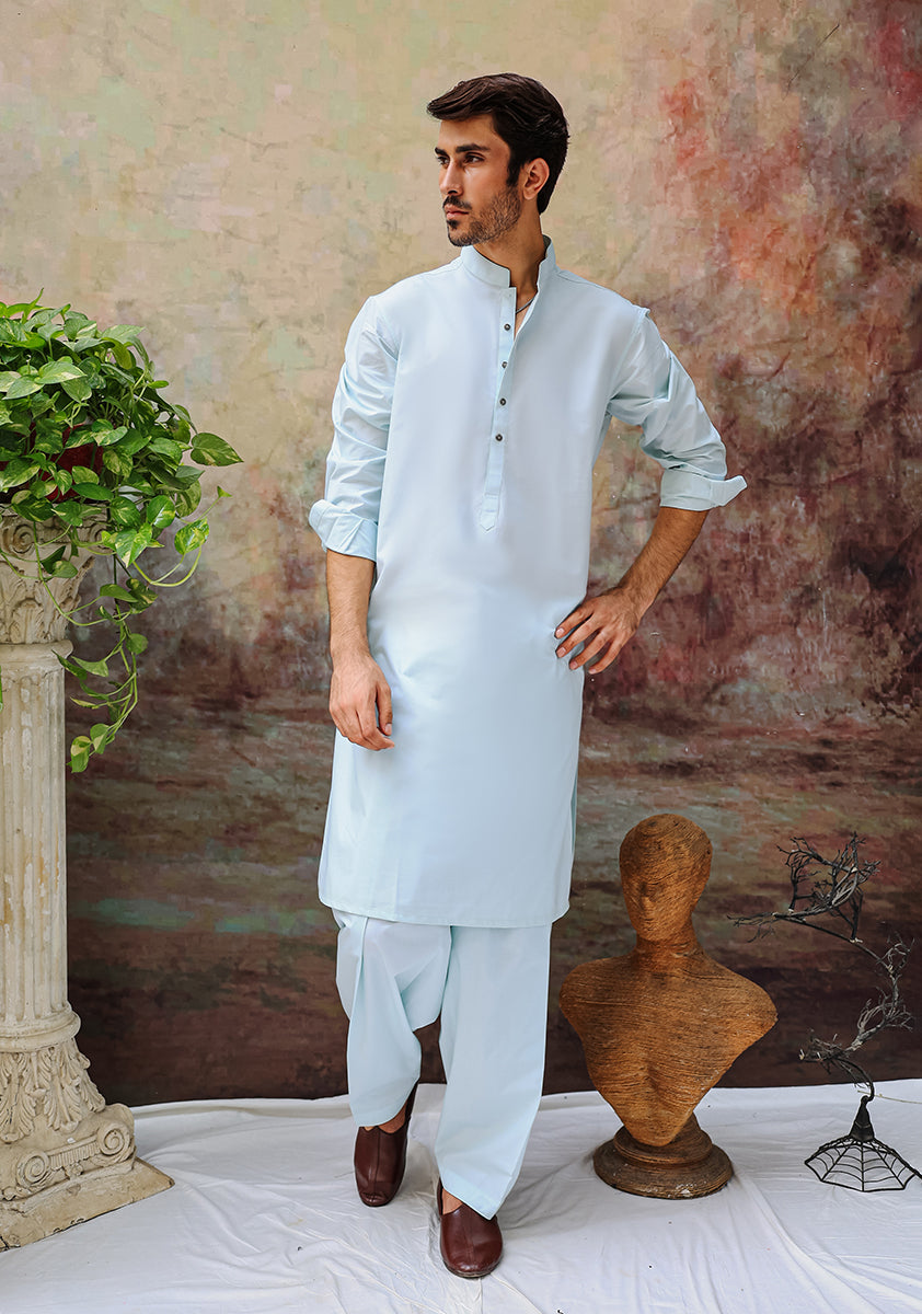 Pastel Light Blue Cotton Classic Fit Shalwar Kameez (2-Piece) - Image 1