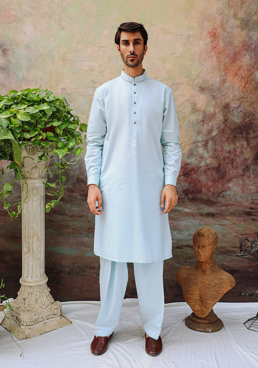 Pastel Light Blue Cotton Classic Fit Shalwar Kameez (2-Piece) - Image 2
