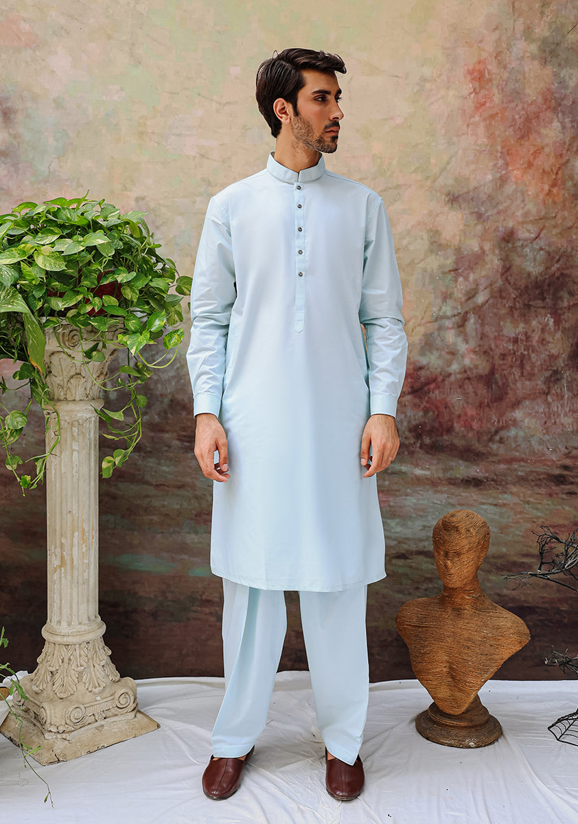 Pastel Light Blue Cotton Classic Fit Shalwar Kameez (2-Piece) - Image 3