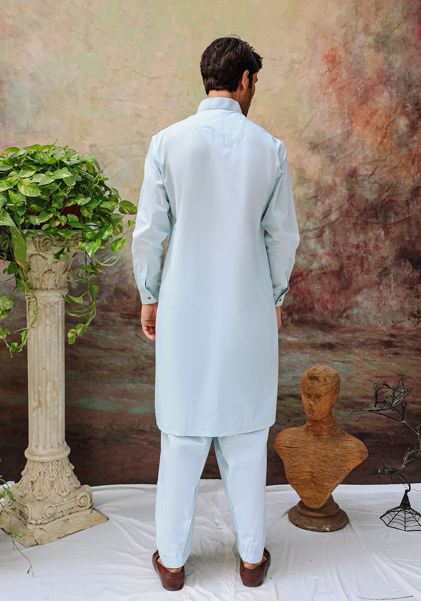 Pastel Light Blue Cotton Classic Fit Shalwar Kameez (2-Piece) - Image 4