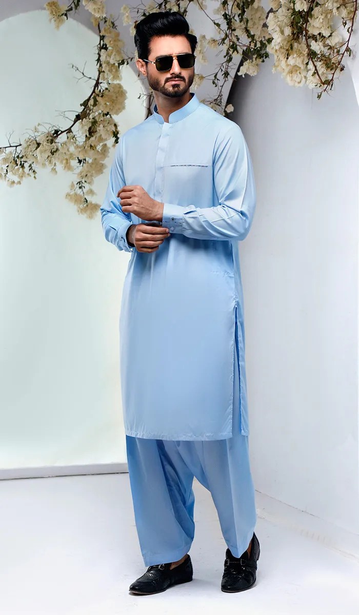 Baby Blue Plain Cotton Shalwar Kameez (2-Piece) - Image 1