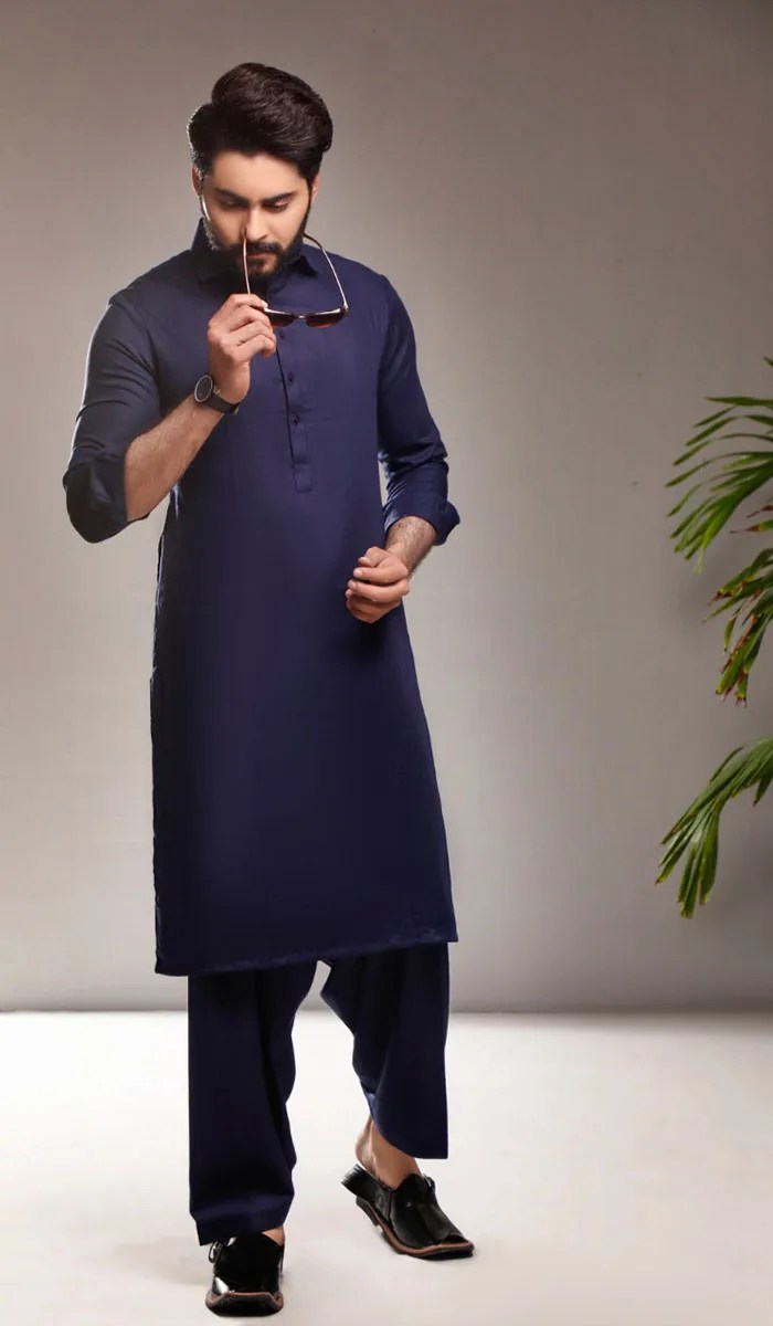 Oxford Blue Plain Premium Fabric Shalwar Kameez (2-Piece) - Image 1