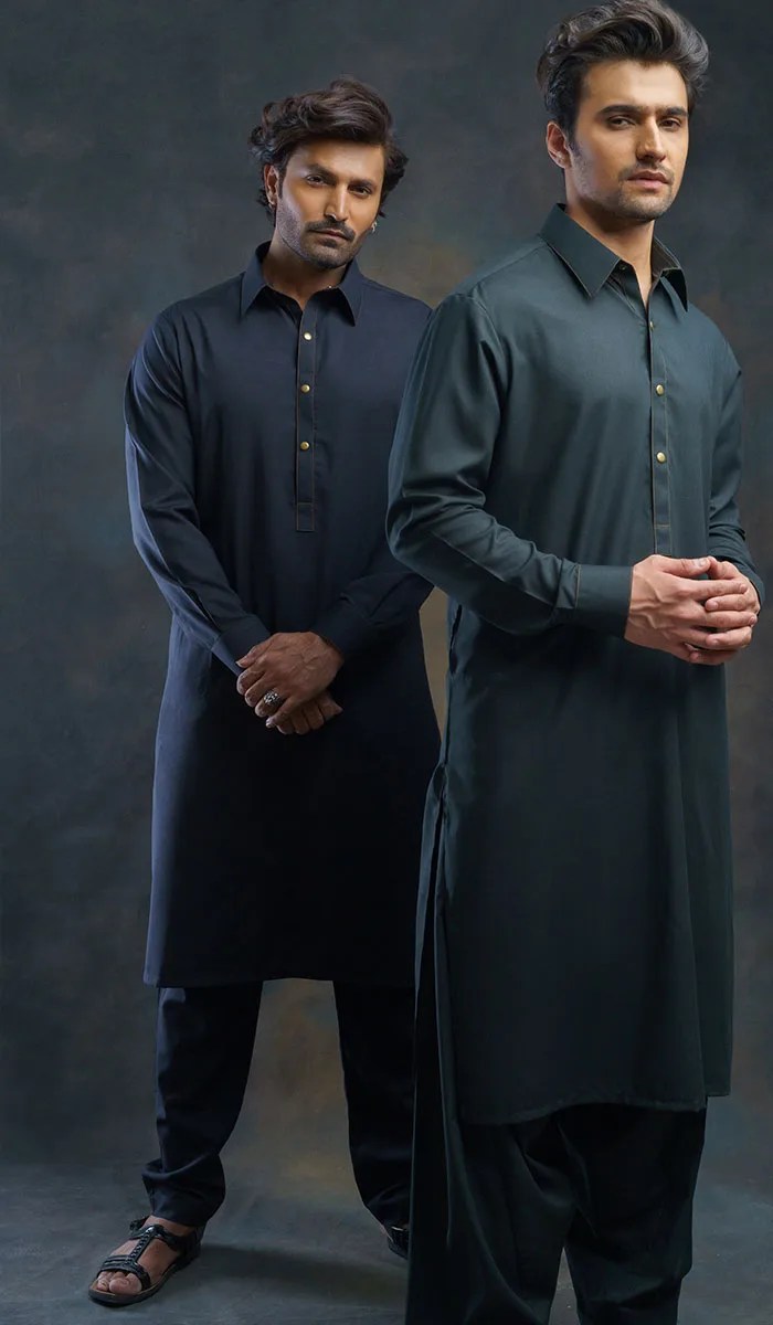 Prussian Blue Plain Cotton Blend Shalwar Kameez (2-Piece) - Image 1