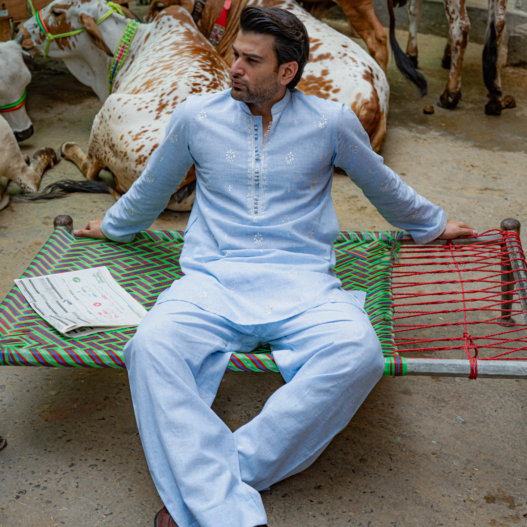 Sky Blue Chikankari Cotton Kurta with Farshi Shalwar (2-Piece) - Image 12
