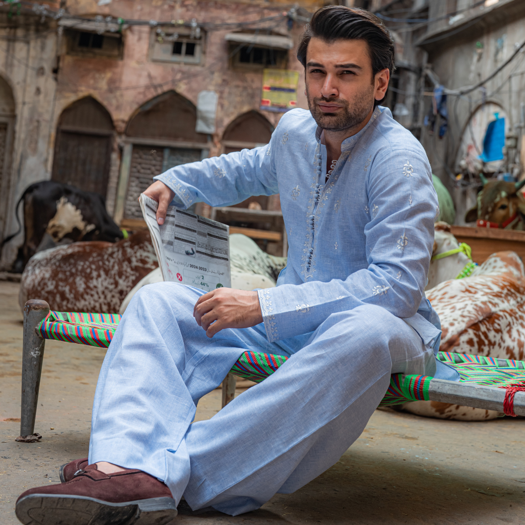 Sky Blue Chikankari Cotton Kurta with Farshi Shalwar (2-Piece) - Image 14