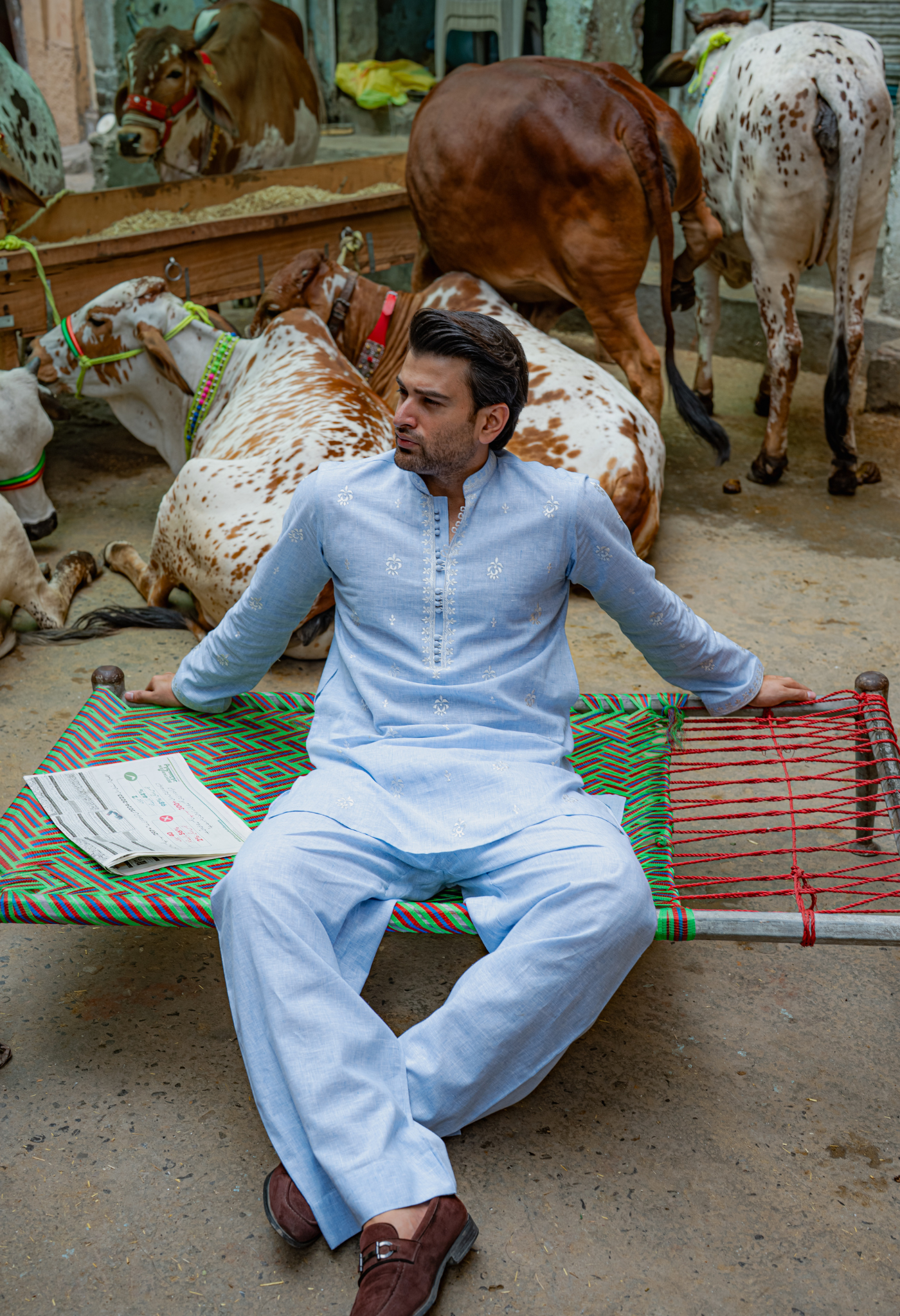 Sky Blue Chikankari Cotton Kurta with Farshi Shalwar (2-Piece) - Image 2