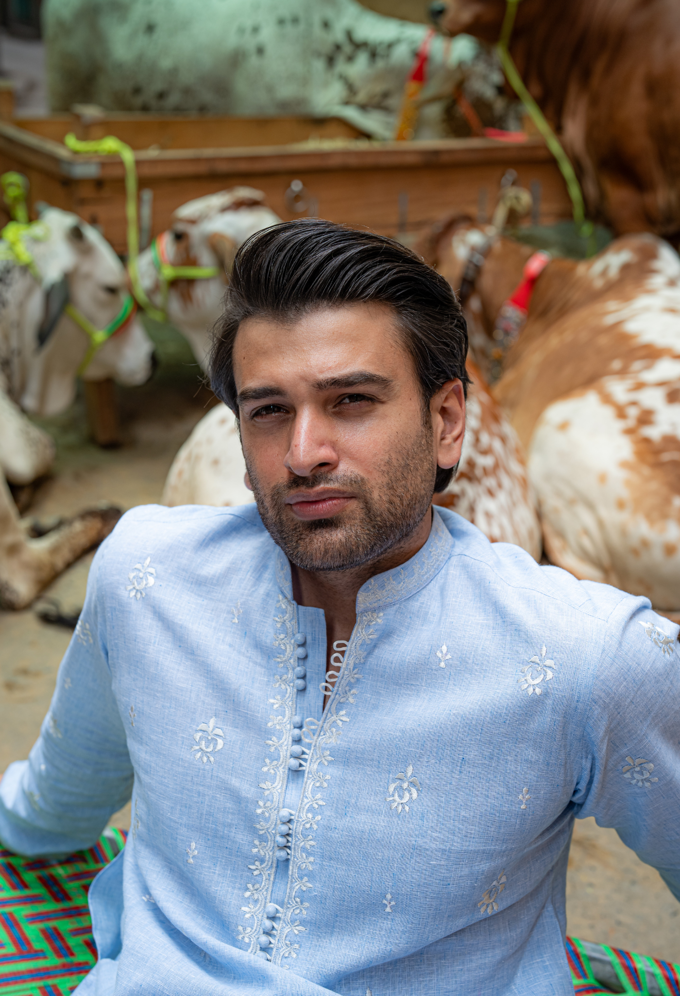 Sky Blue Chikankari Cotton Kurta with Farshi Shalwar (2-Piece) - Image 3