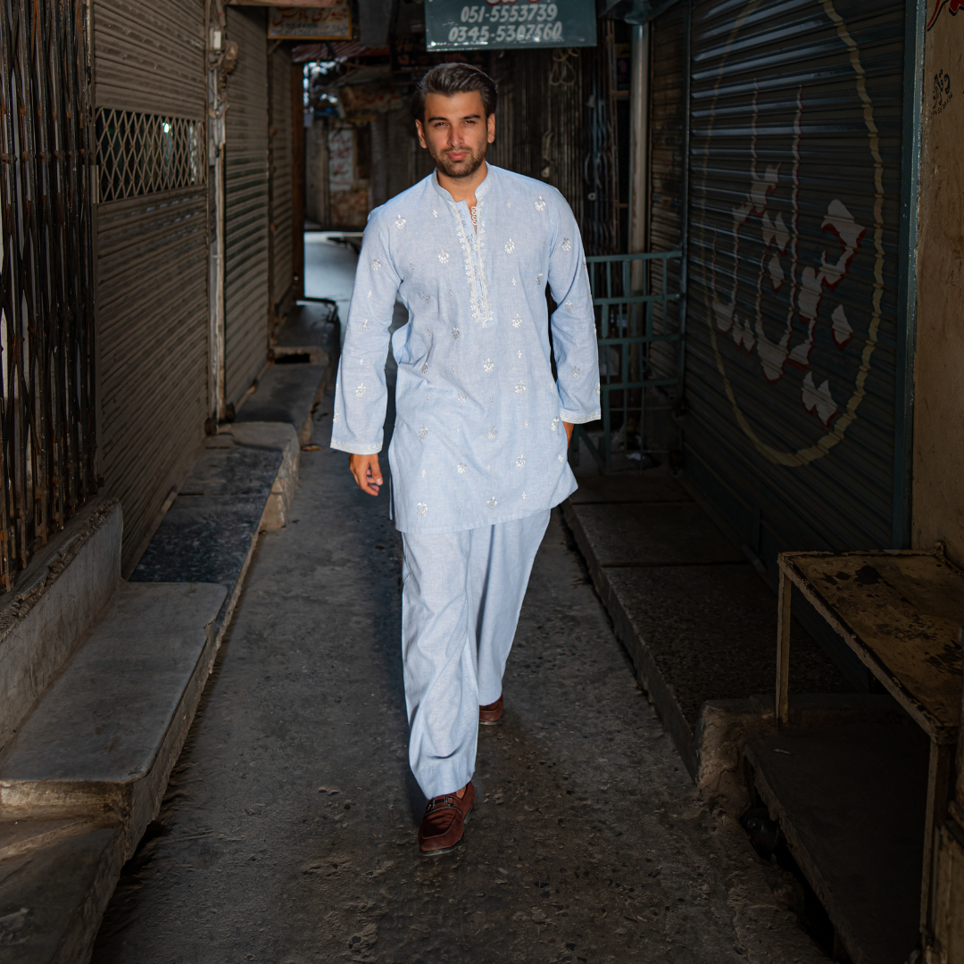 Sky Blue Chikankari Cotton Kurta with Farshi Shalwar (2-Piece) - Image 7